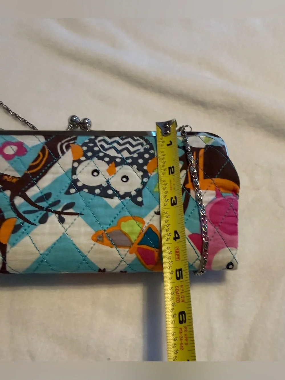 Owl Print Kiss Lock Wallet Clutch Crossbody Purse Chain Strap Colorful Quilted